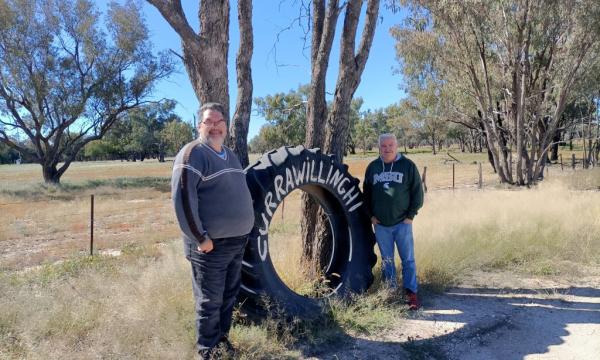 Yuwaalaraay Euahlayi Aboriginal Corporation director Jason Wilson (left) and chair Tim Know at Currawillinghi Station.
