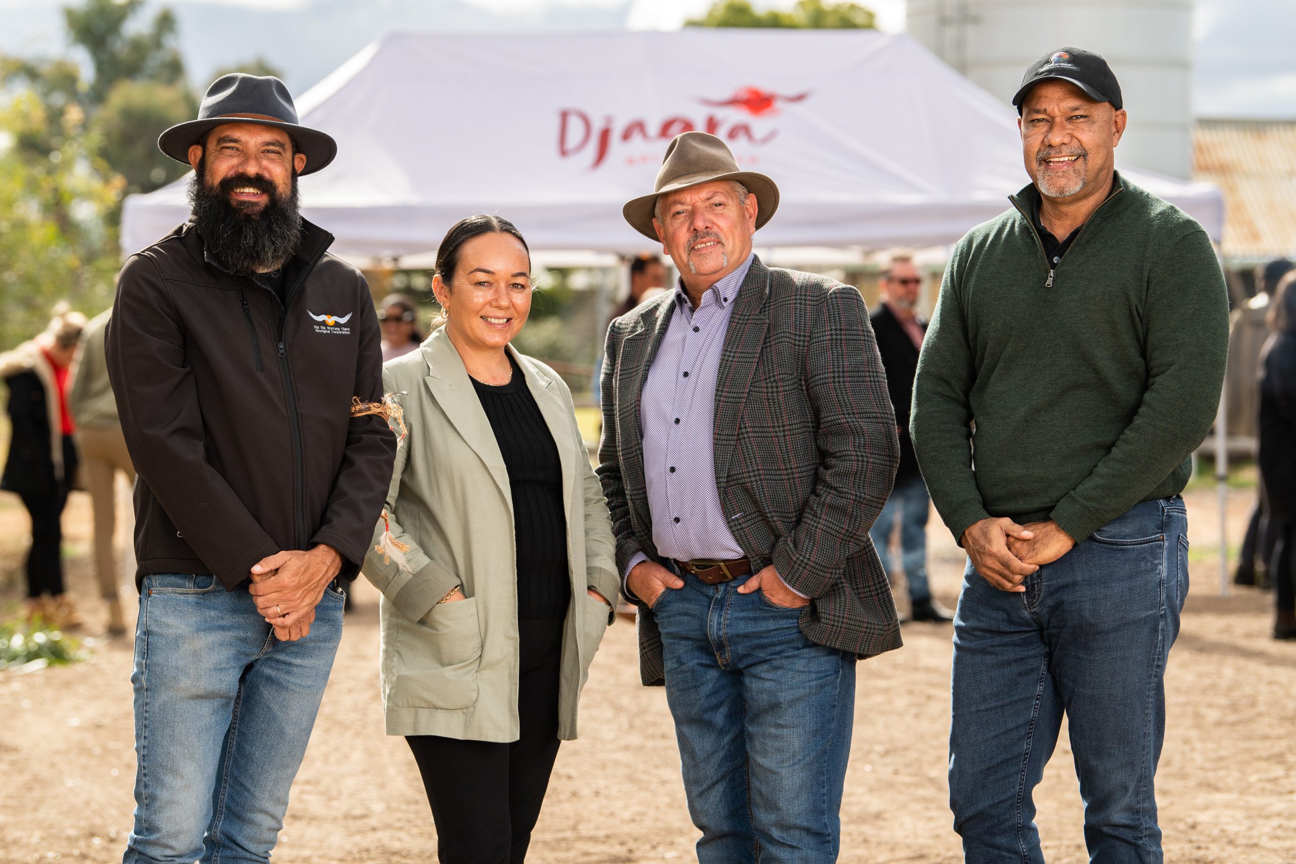 Dja Dja Wurrung Clans Aboriginal Corporation (DJAARA) launches a new food and fibre enterprise, Djakitj, at the group’s new property at Lockington, north of Bendigo. Djakitj will develop several projects around native Australian ingredients – including potentially the largest yabby farm in the southern hemisphere. (left to right) Chair of the Dja Dja Wurrung Clans Aboriginal Corporation, Trent Nelson, DJAARA General Manager, Cassandra Lewis, Dja Dja Wurrung Group CEO, Rodney Carter and Indigenous Land and Sea Corporation Group Chief Executive Officer, Joe Morrison. Photo: Stuart Walmsley